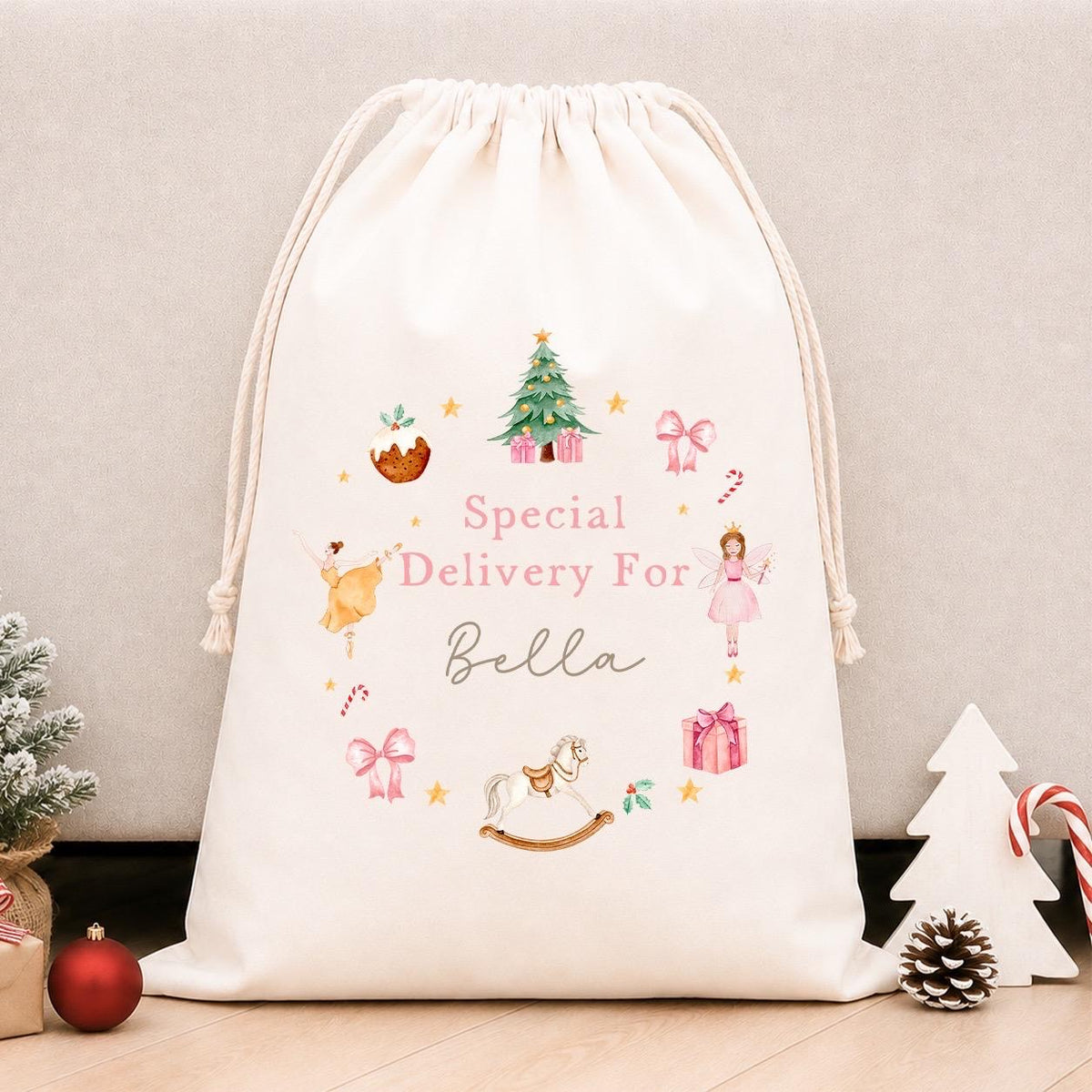 Luxury Personalised Premium Cotton Christmas Sack | Personalised Santa Sack | Pink Nutcracker Wreath Design
