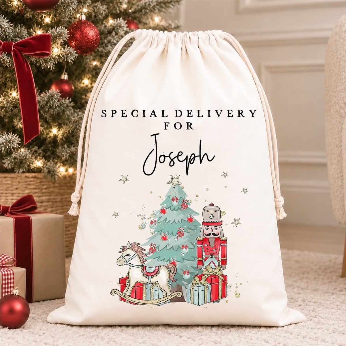 Luxury Personalised Premium Cotton Christmas Sack | Personalised Santa Sack | Red Nutcracker Solider Design