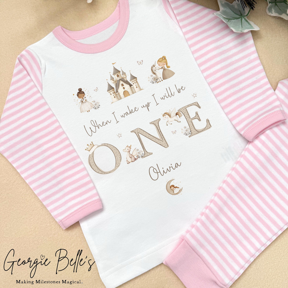 Personalised Pink Stripe Birthday Pyjamas - Pink/ Nude Castle Trio Design