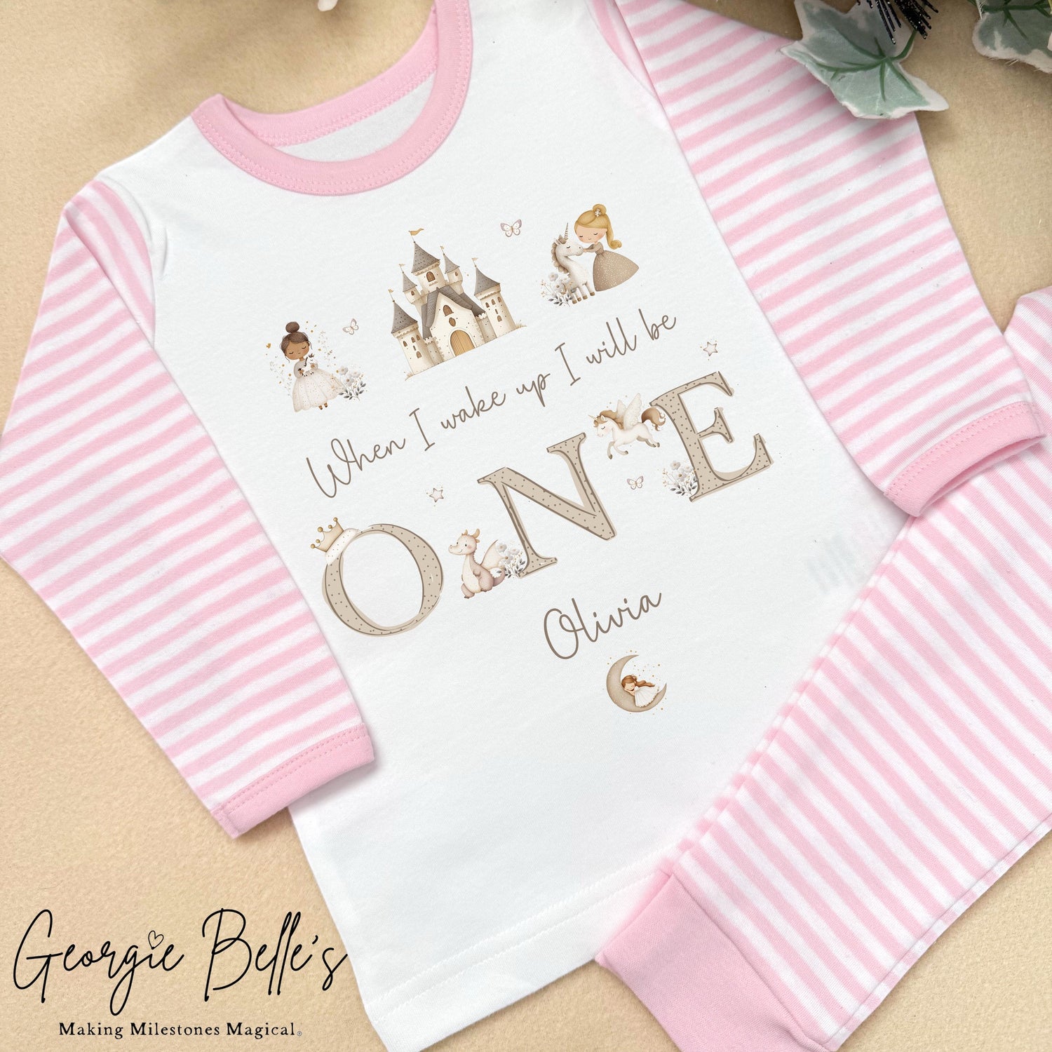 Personalised Pink Stripe Birthday Pyjamas - Pink/ Nude Castle Trio Design