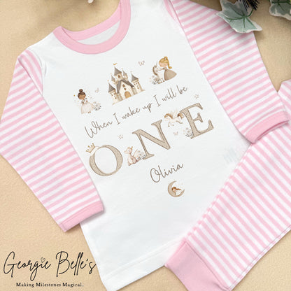 Personalised Pink Stripe Birthday Pyjamas - Pink/ Nude Castle Trio Design
