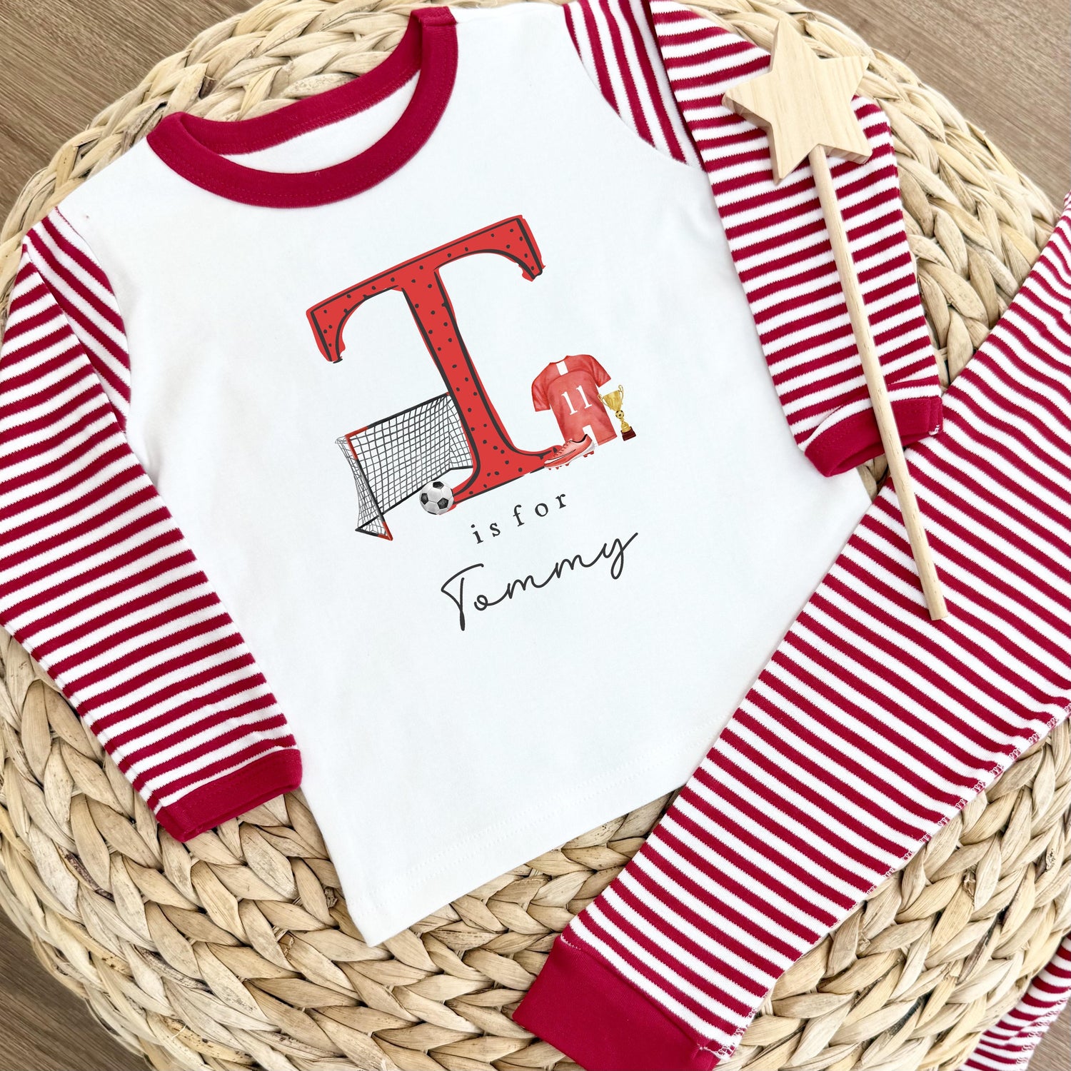 Personalised Gifting Pyjamas Red Stripe - Football Initial Design
