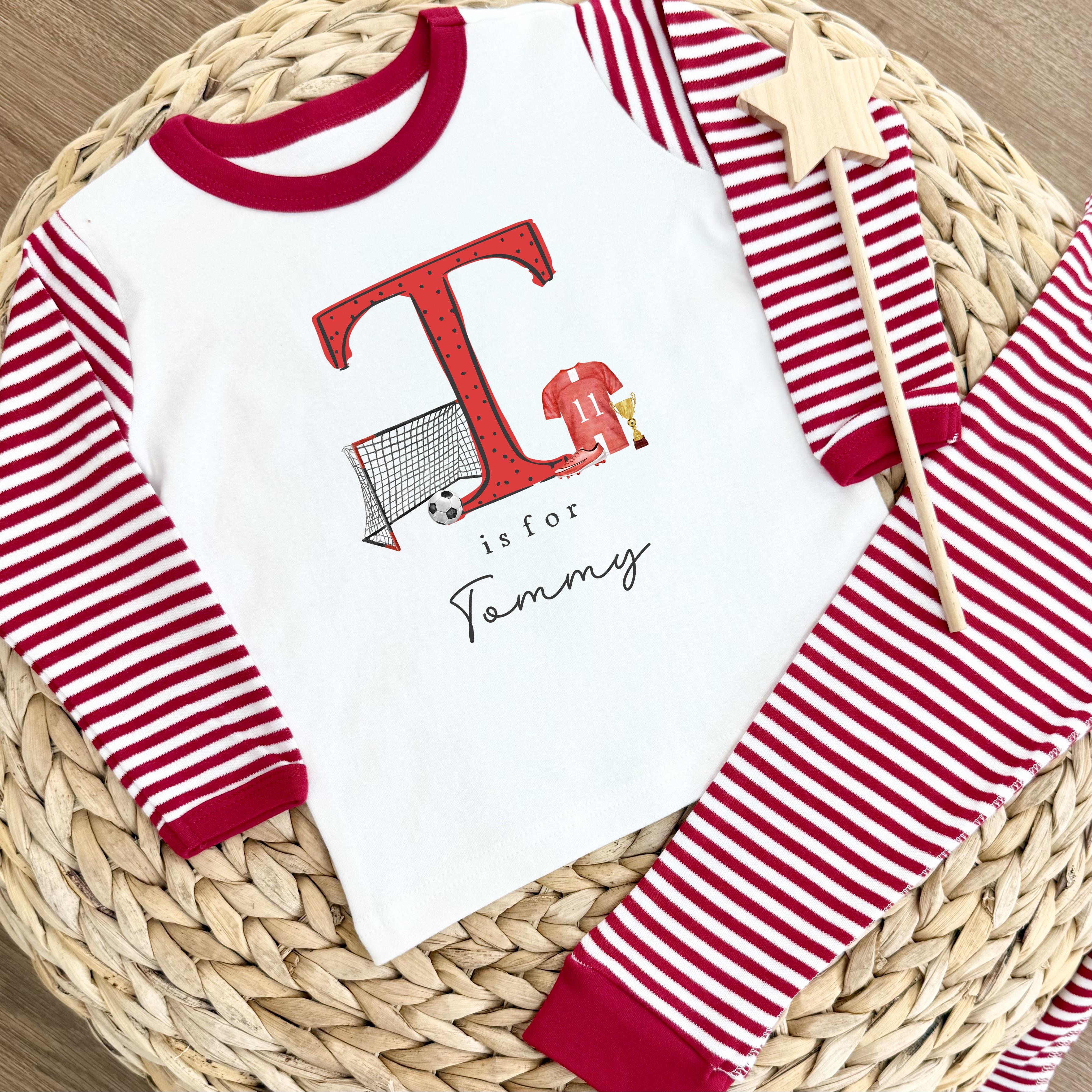 Personalised Gifting Pyjamas Red Stripe - Football Initial Design