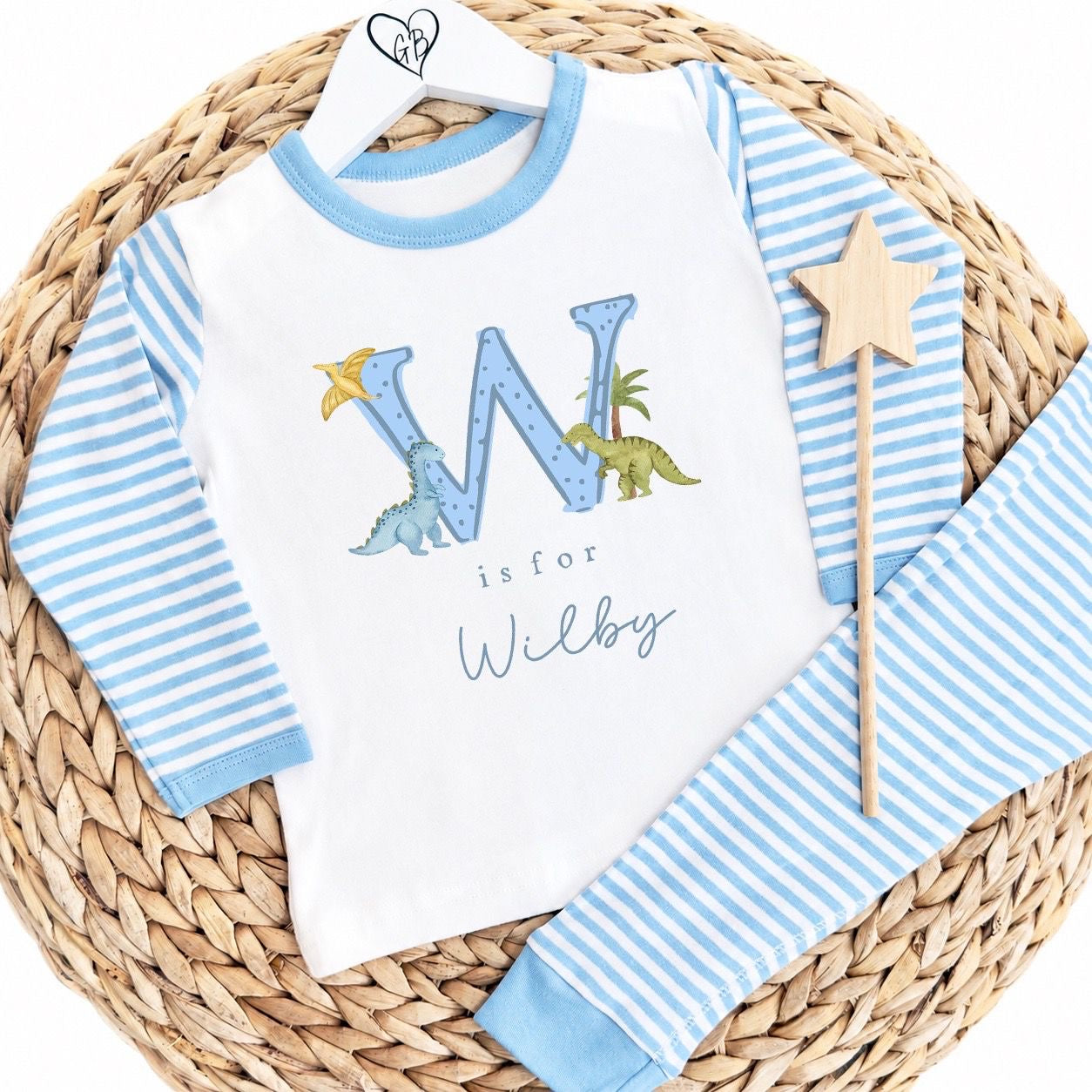 Personalised Boys Gifting Pyjamas Blue Stripe - Dinosaur Initial Design