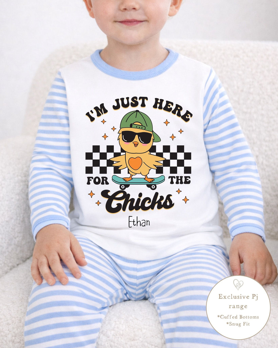 Personalised Blue Stripe Easter Pyjamas - Here For The Chicks Design