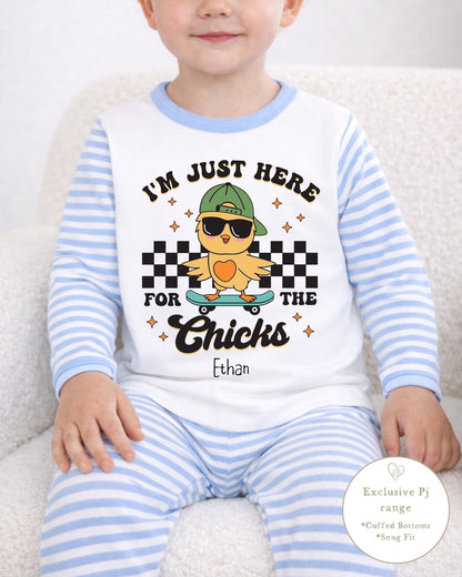 Personalised Blue Stripe Easter Pyjamas - Here For The Chicks Design