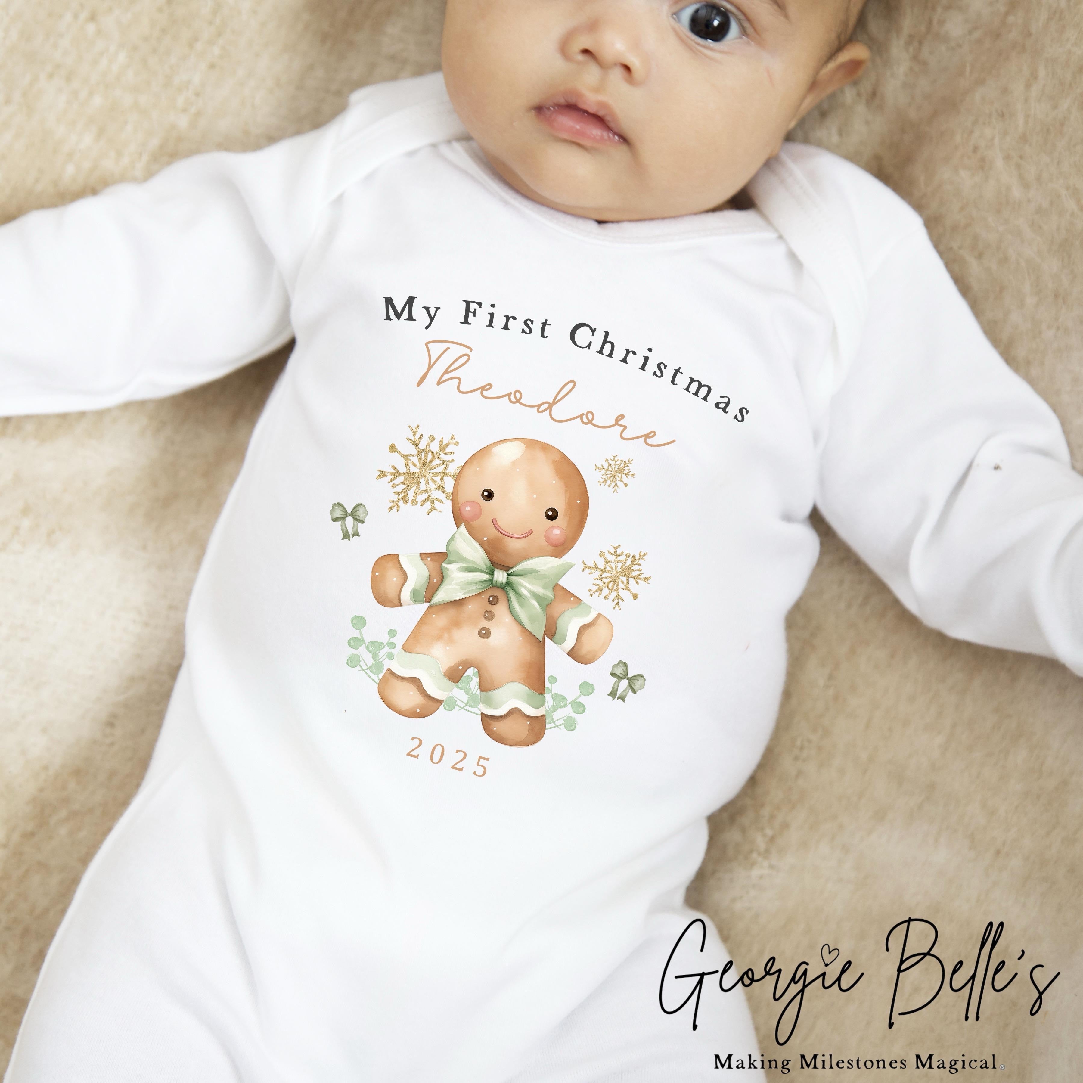 Personalised Christmas Sleepsuit / Bodysuit - Sage Gingerbread Design