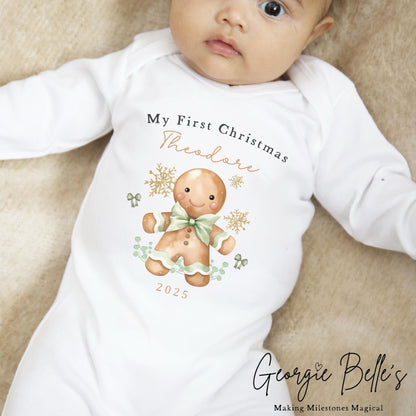 Personalised Christmas Sleepsuit / Bodysuit - Sage Gingerbread Design