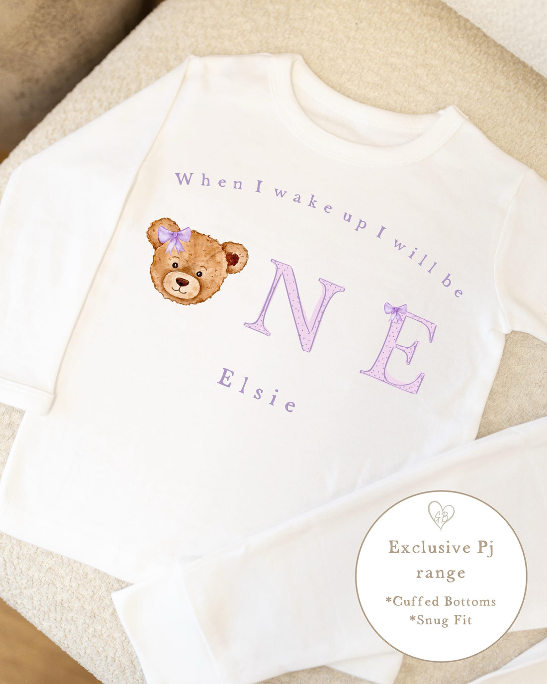Plain White Personalised Birthday Pyjamas - Lilac Bear Word Design