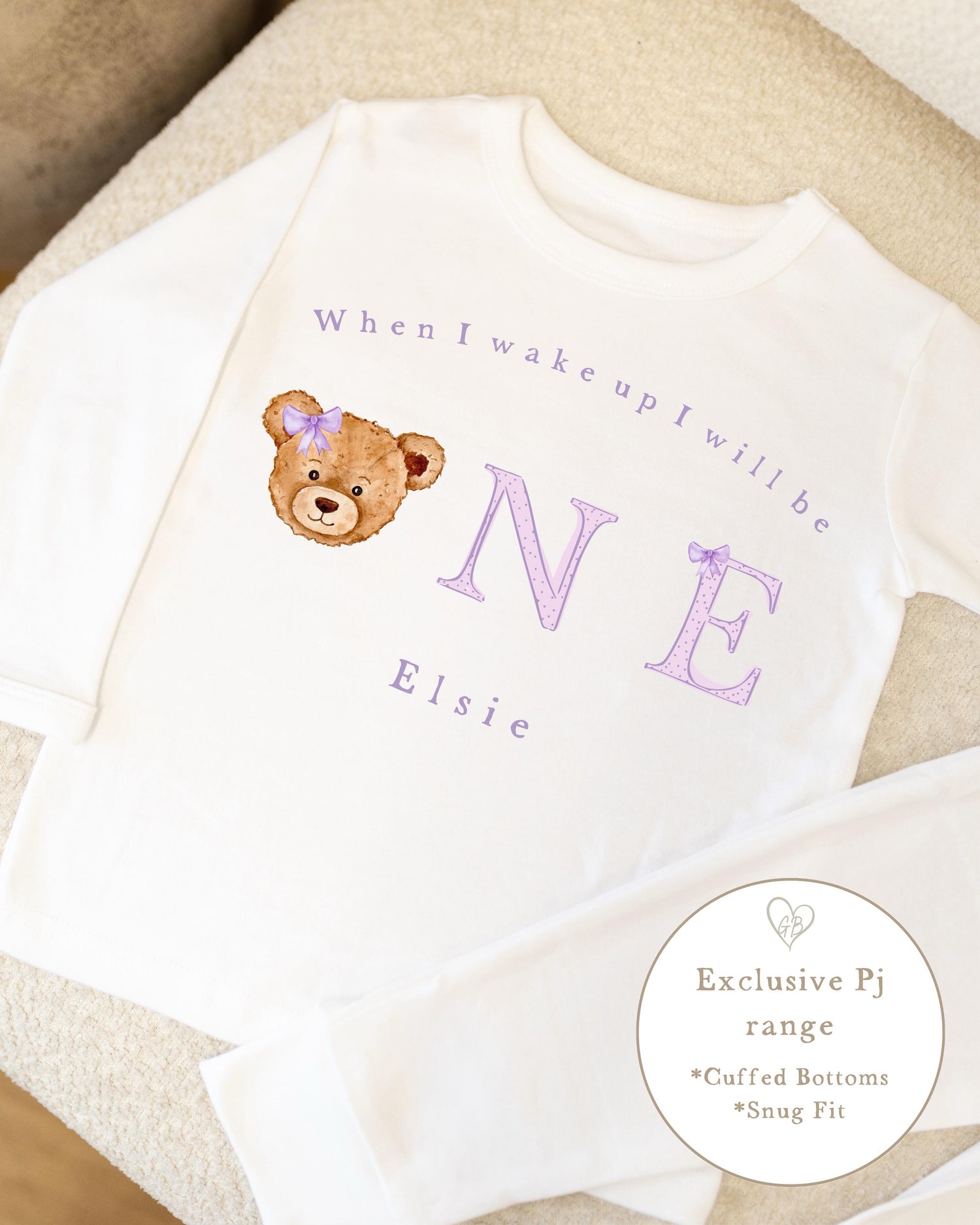 Plain White Personalised Birthday Pyjamas - Lilac Bear Word Design