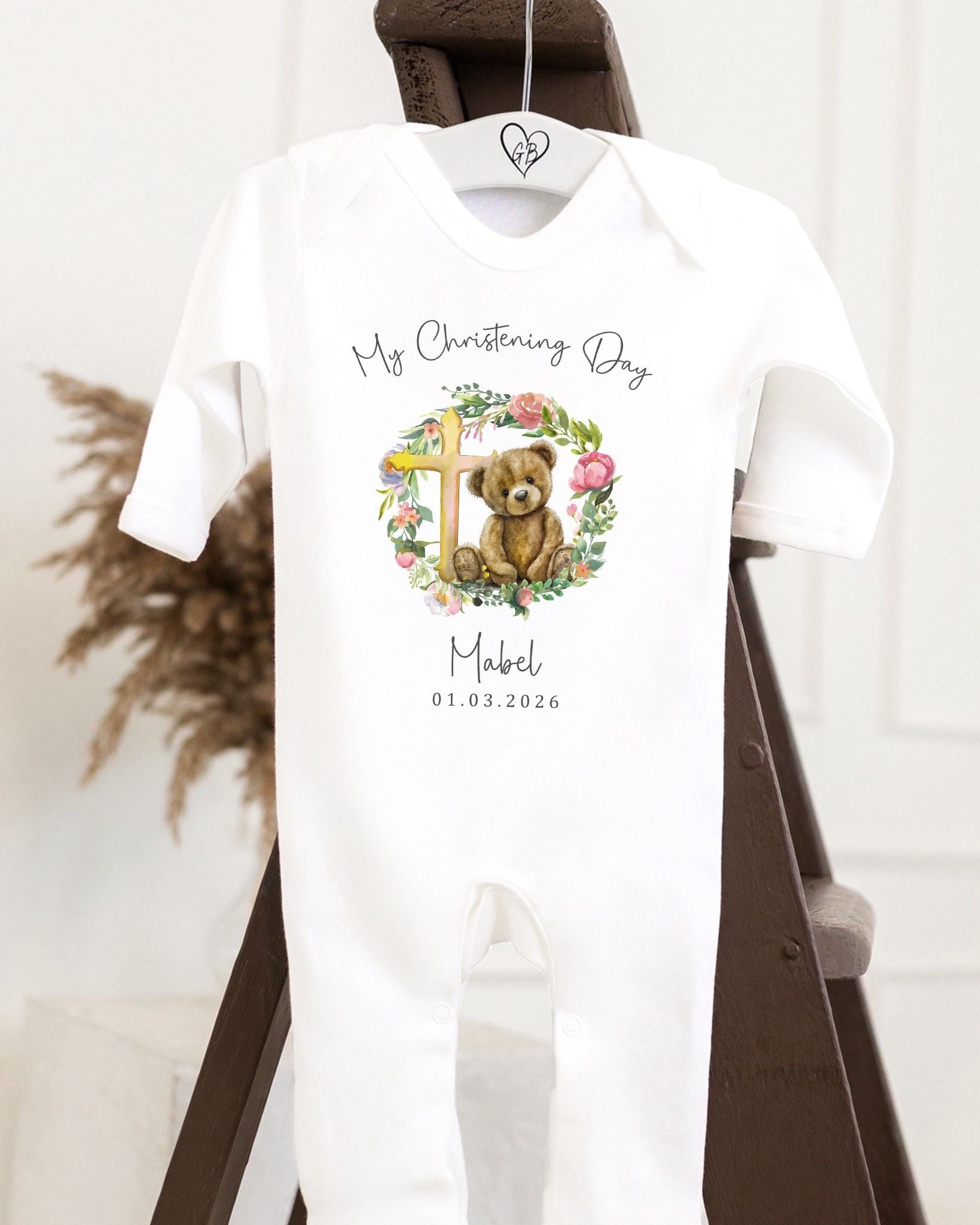 Personalised Christening Babygrow - Bear Cross Wreath Design