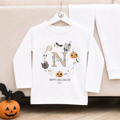 Personalised Halloween Pyjamas | Matching Sibling Halloween Pyjamas | Nude Initial Wreath Design