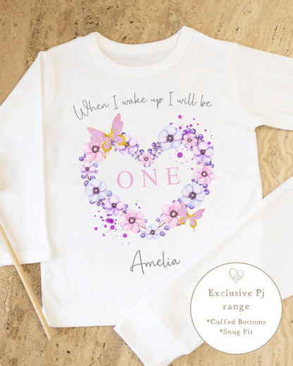 Plain White Personalised Birthday Pyjamas - Lilac Butterfly Heart Design