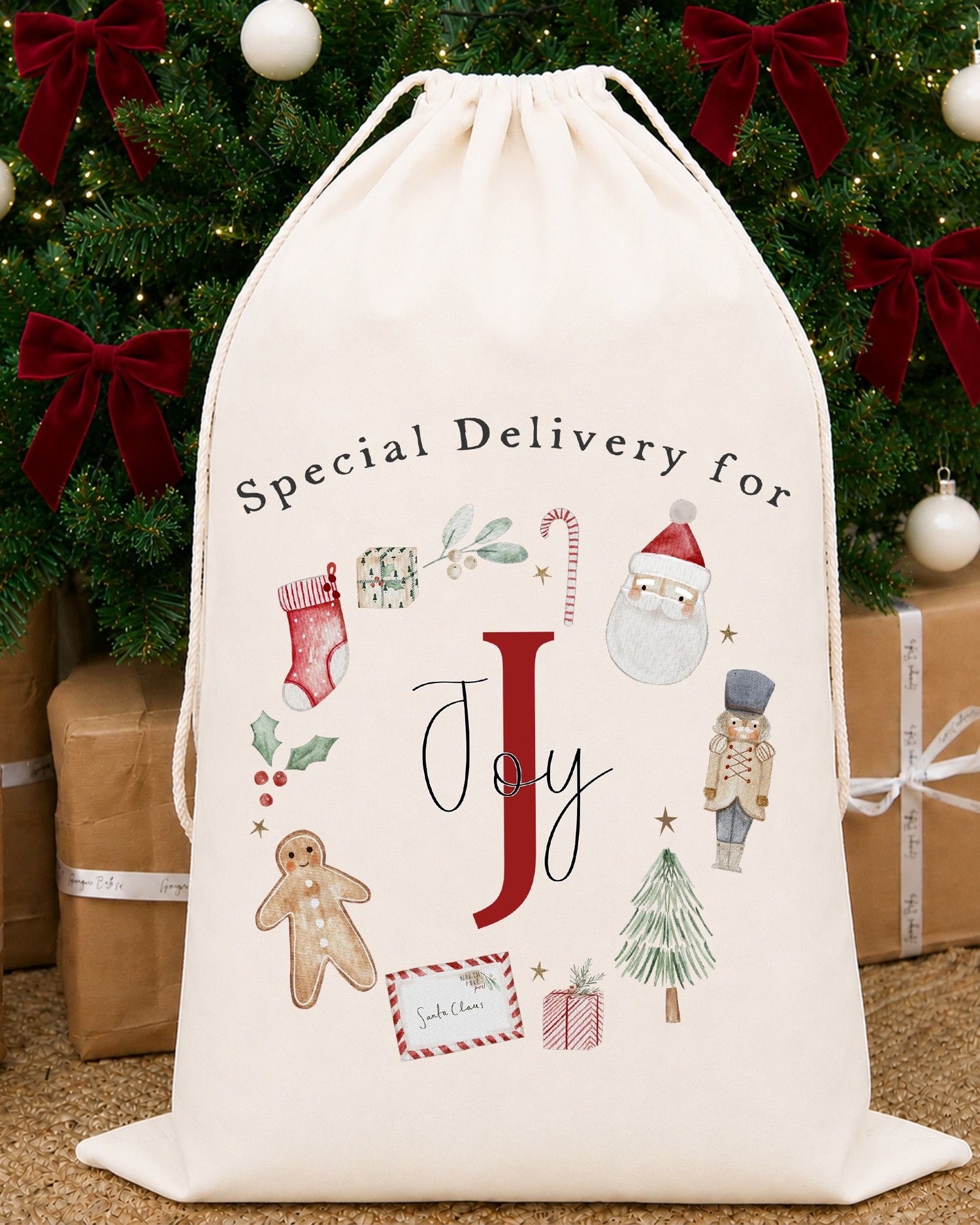 Luxury Personalised Premium Cotton Christmas Sack | Personalised Santa Sack | Initial Wreath Design