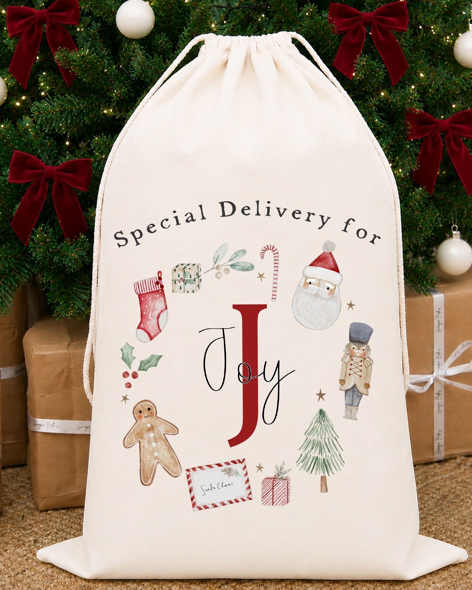 Luxury Personalised Premium Cotton Christmas Sack | Personalised Santa Sack | Initial Wreath Design