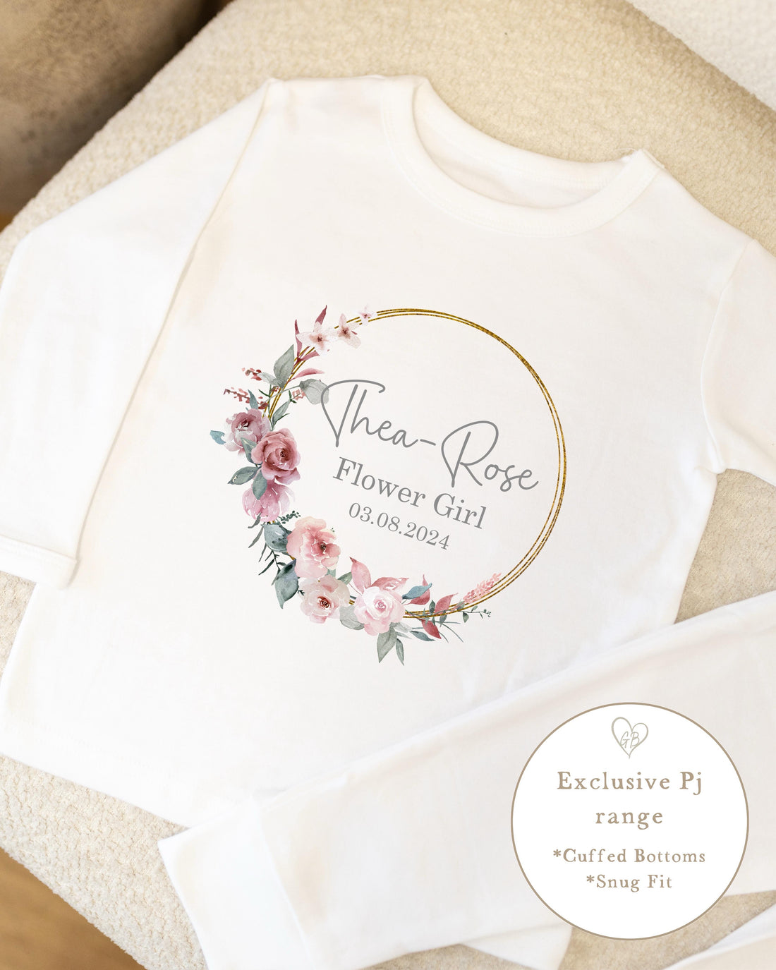 Personalised Flower Girl Pyjamas - Dusky Pink Wreath Design