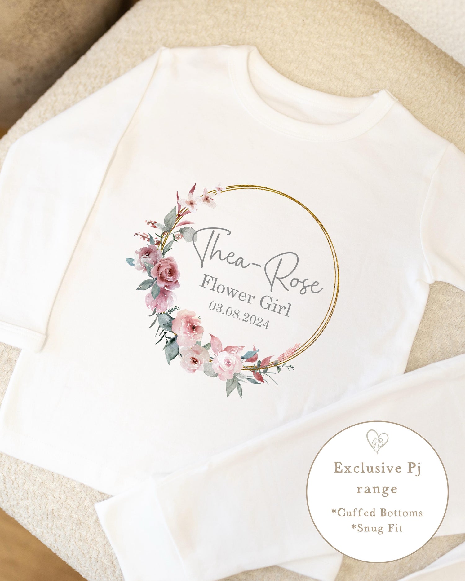 Personalised Flower Girl Pyjamas - Dusky Pink Wreath Design