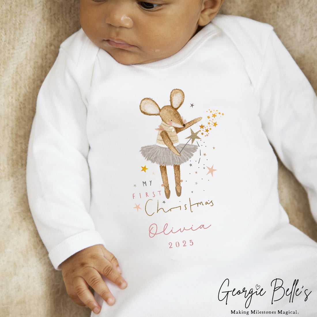 Personalised Christmas Sleepsuit / Bodysuit - First Christmas Pink Mouse Design
