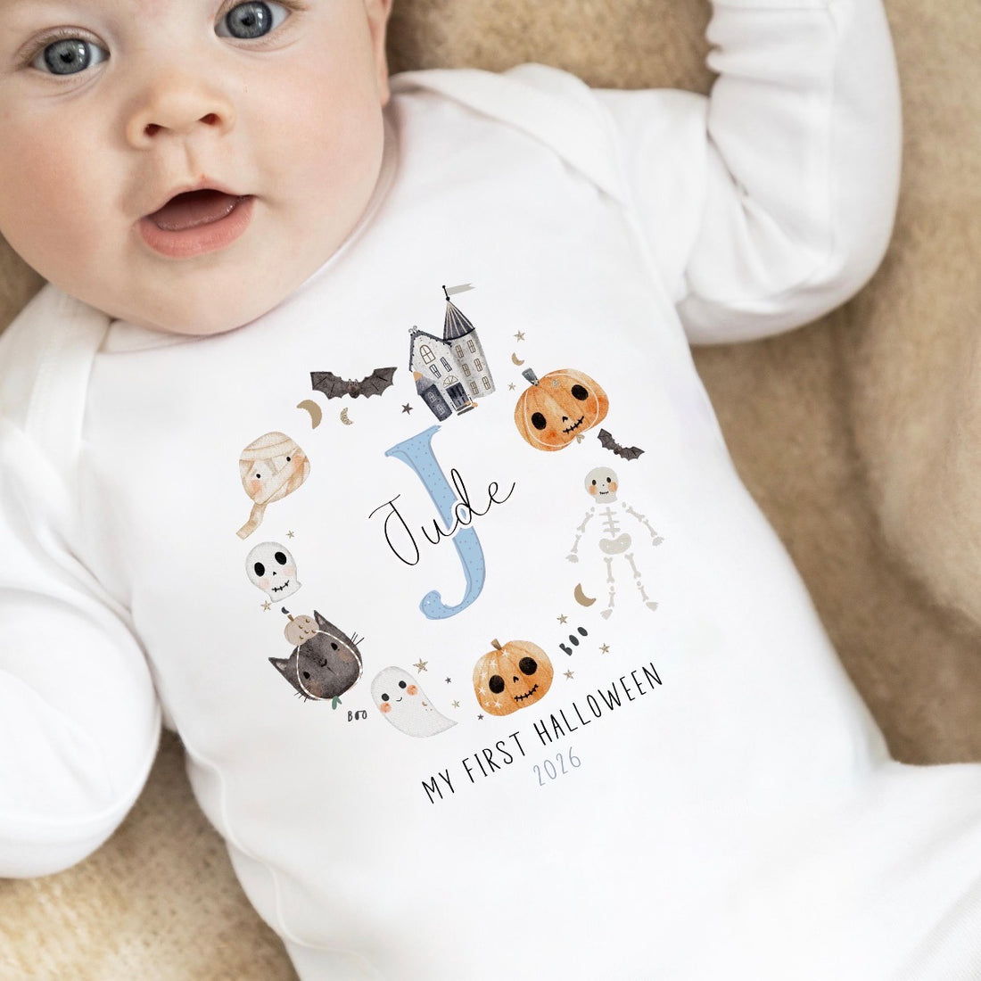 Personalised Halloween Babygrow | My First Halloween Baby Outfit | Blue Initial Design