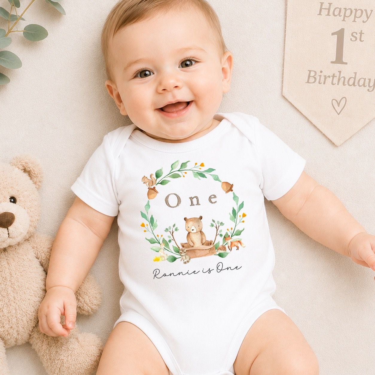 Personalised First Birthday Baby Vest | 1st Birthday Outfit - Woodland Wreath Design