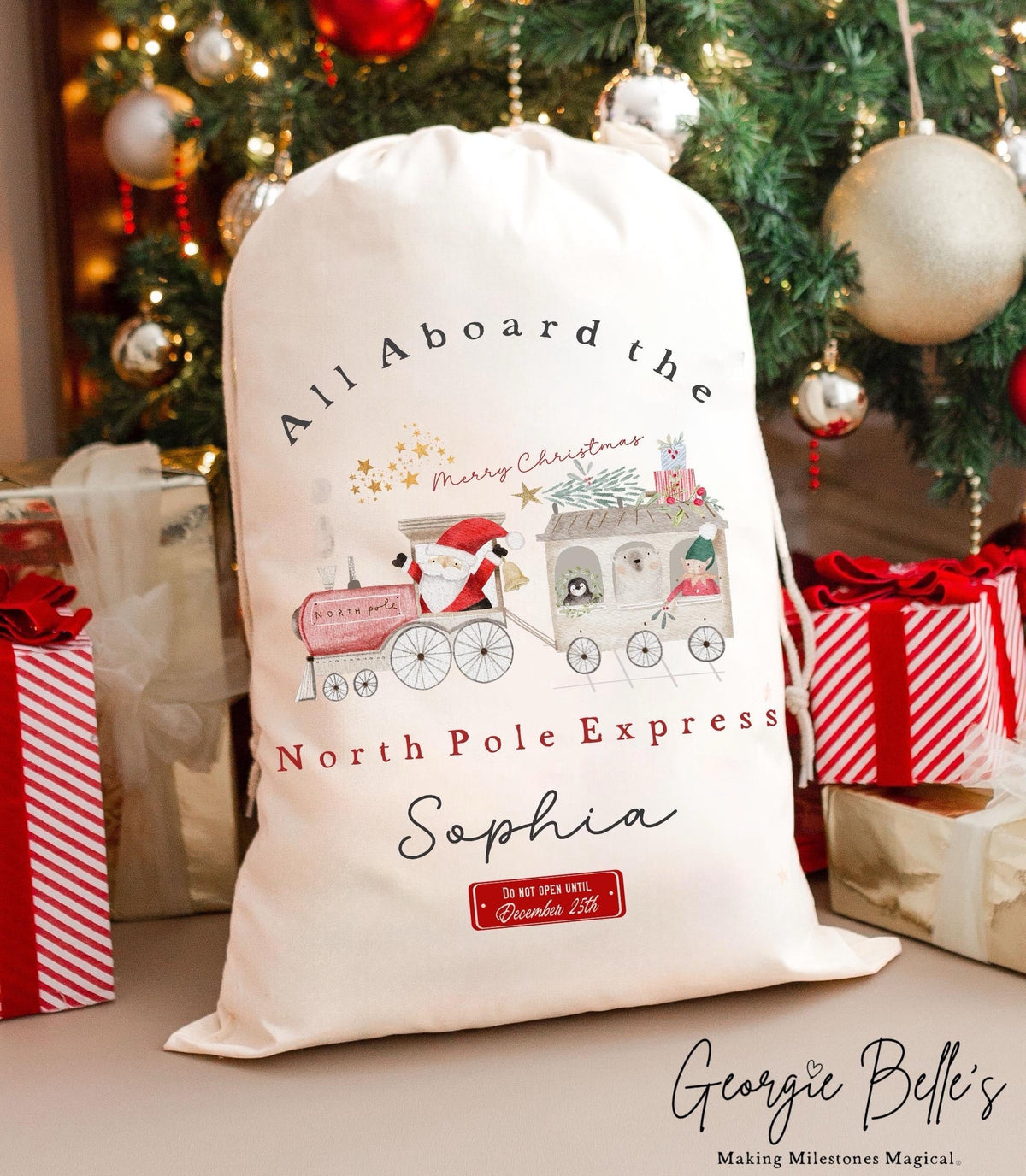 Luxury Personalised Premium Cotton Christmas Sack | Personalised Santa Sack | North Pole Express Design