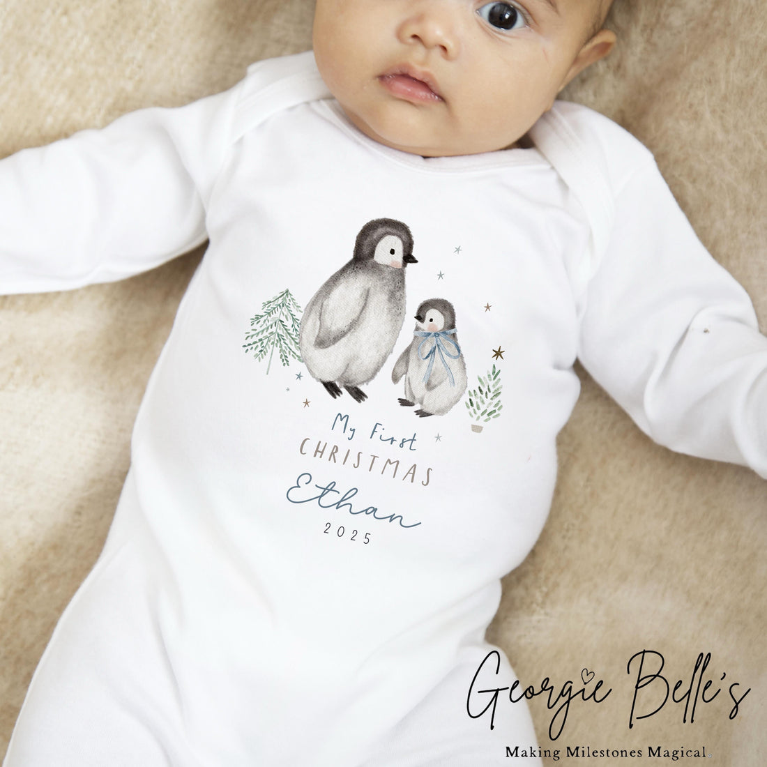 Personalised Christmas Sleepsuit / Bodysuit - First Christmas Blue Penguin Design
