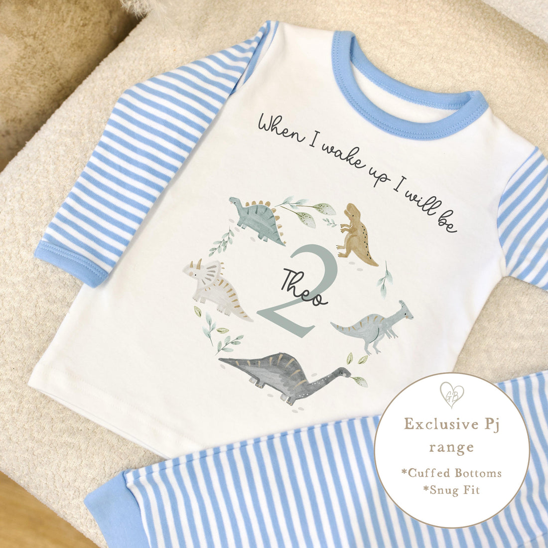 Blue & White Striped Personalised Birthday Pyjamas - Blue Dino Wreath Design