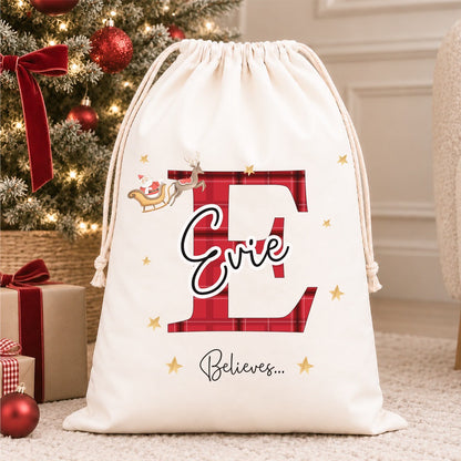 Luxury Personalised Premium Cotton Christmas Sack | Personalised Santa Sack | Tartan Initial Design
