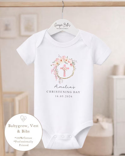 Personalised Christening Babygrow - Pink Floral Wreath Design