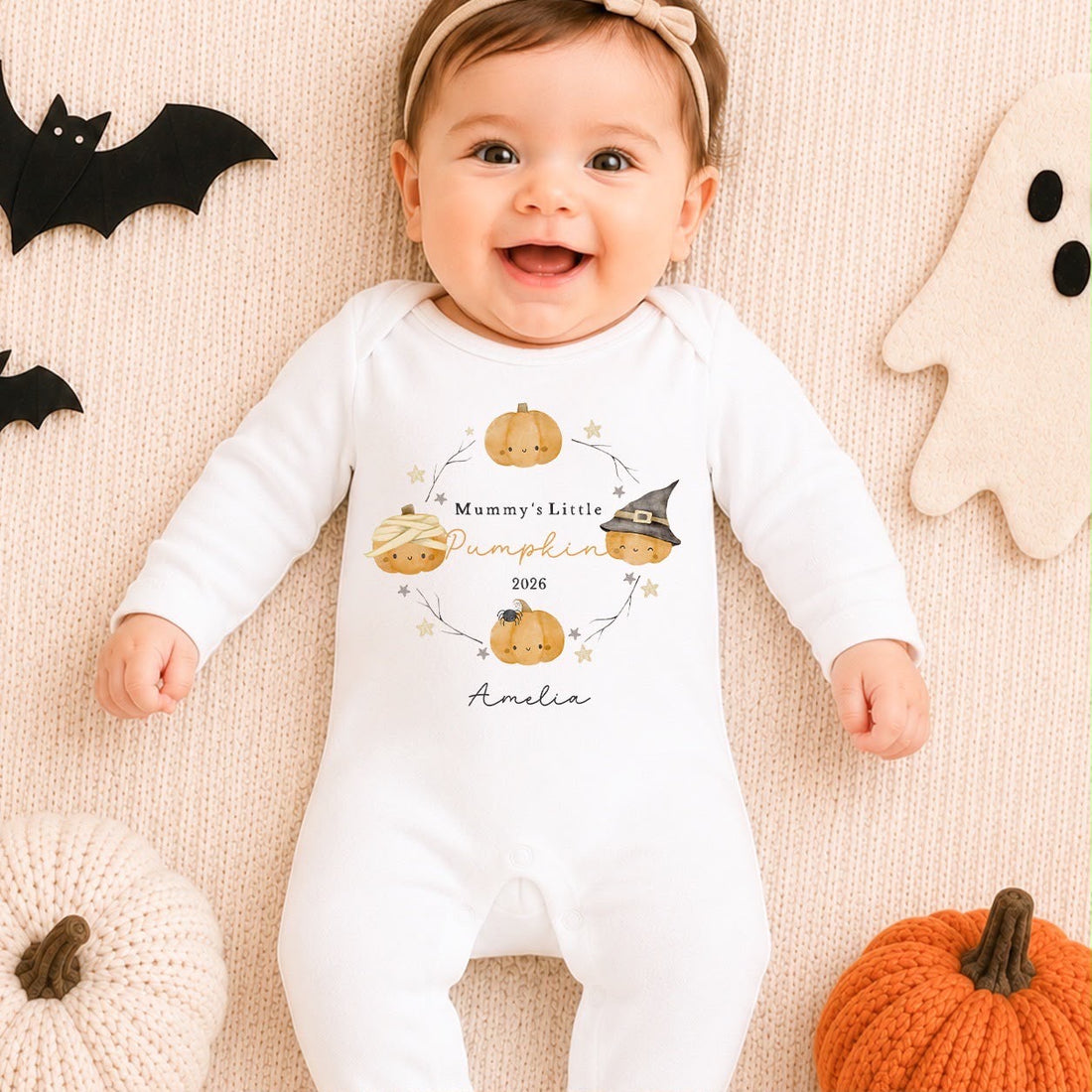 Personalised Halloween Babygrow | My First Halloween Baby Outfit | Pumpkin Wreath Design