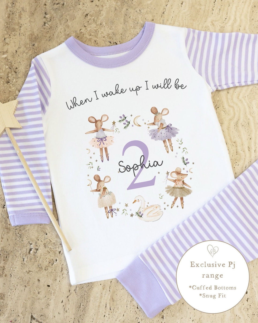 Lilac & White Striped Personalised Birthday Pyjamas - Lilac Mouse Wreth Design