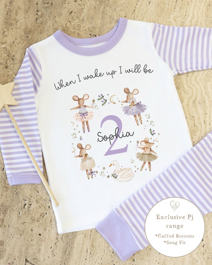 Lilac &amp; White Striped Personalised Birthday Pyjamas - Lilac Mouse Wreth Design