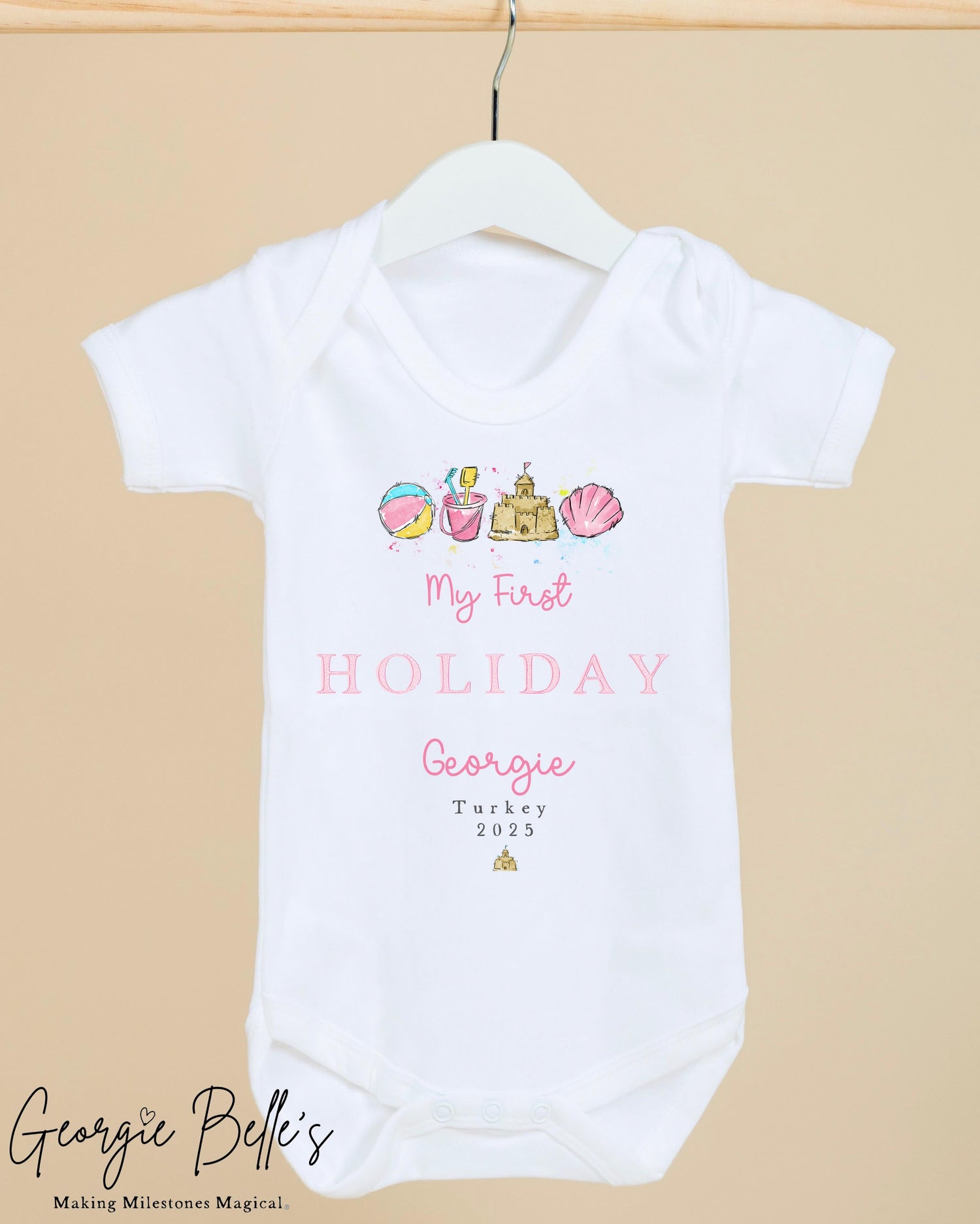 Personalised Baby Vest / Babygrow - My First Holiday Pink Beach Design