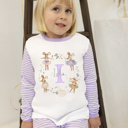 Personalised Girls Gifting Pyjamas Lilac Stripe - Mice Wreath Initial Design
