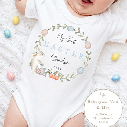 Personalised My First Easter Babygrow / Vest - Blue Classic Wreath Design