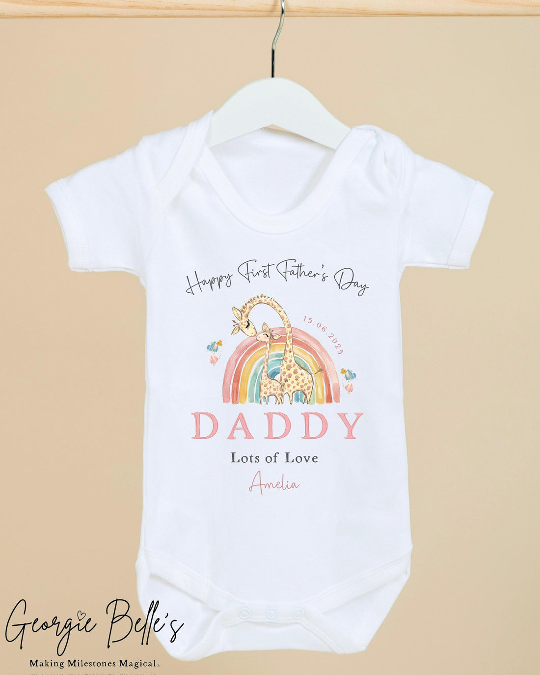 Personalised Father’s Day Baby Vest / Babygrow - Pink Giraffe Rainbow Design