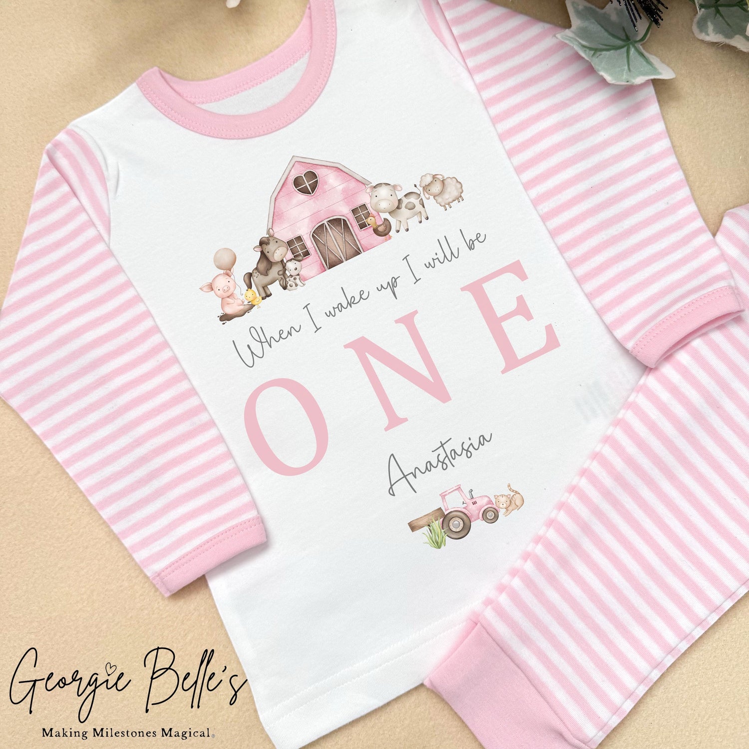 Personalised Pink Stripe Birthday Pyjamas - Pink Farm Design