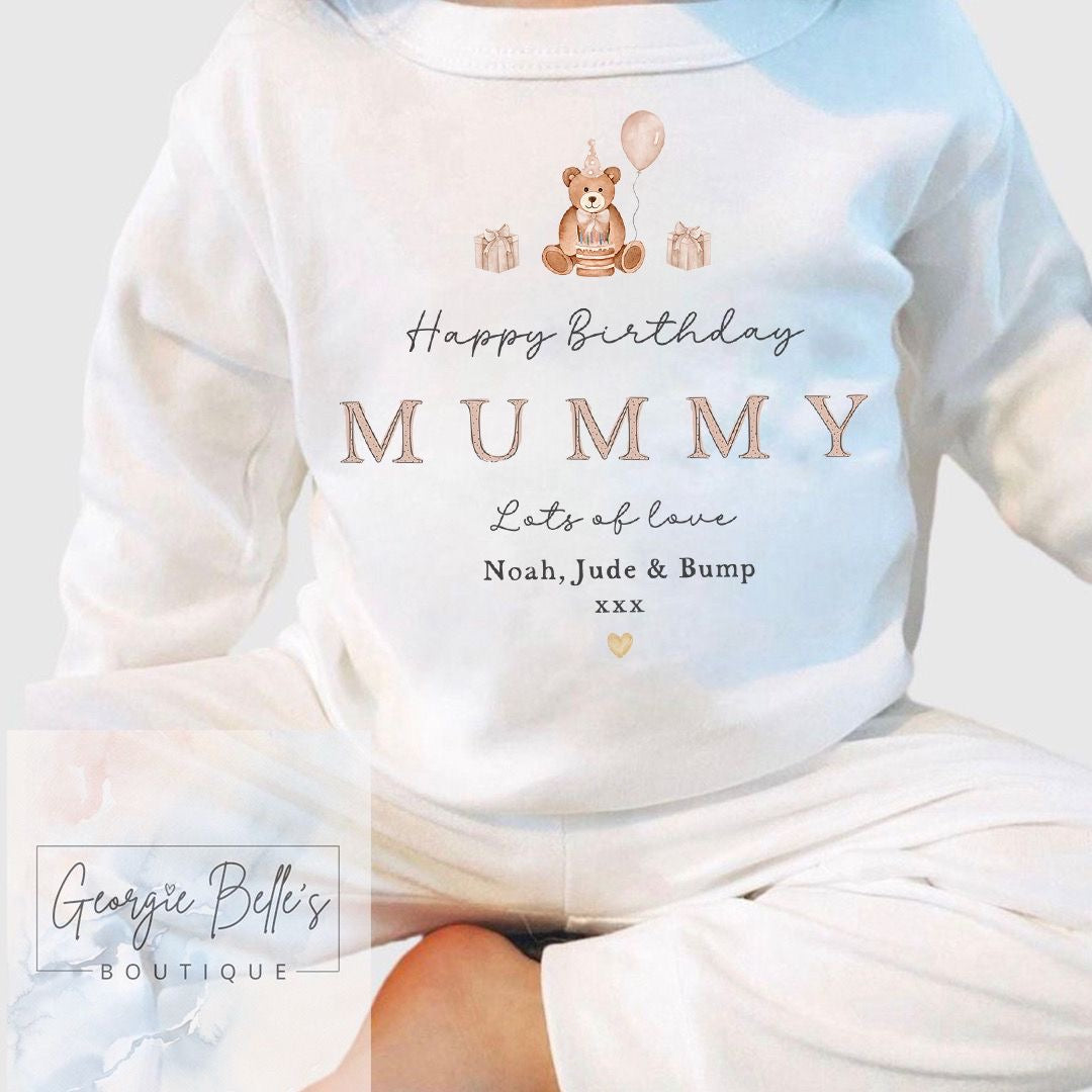 Personalised Birthday Pyjamas -  Mummy’s Birthday White Birthday Bear Design