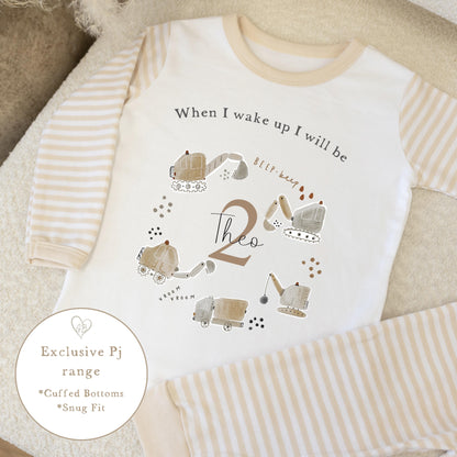 Personalised Beige Stripe Birthday Pyjamas - Digger Wreath Design