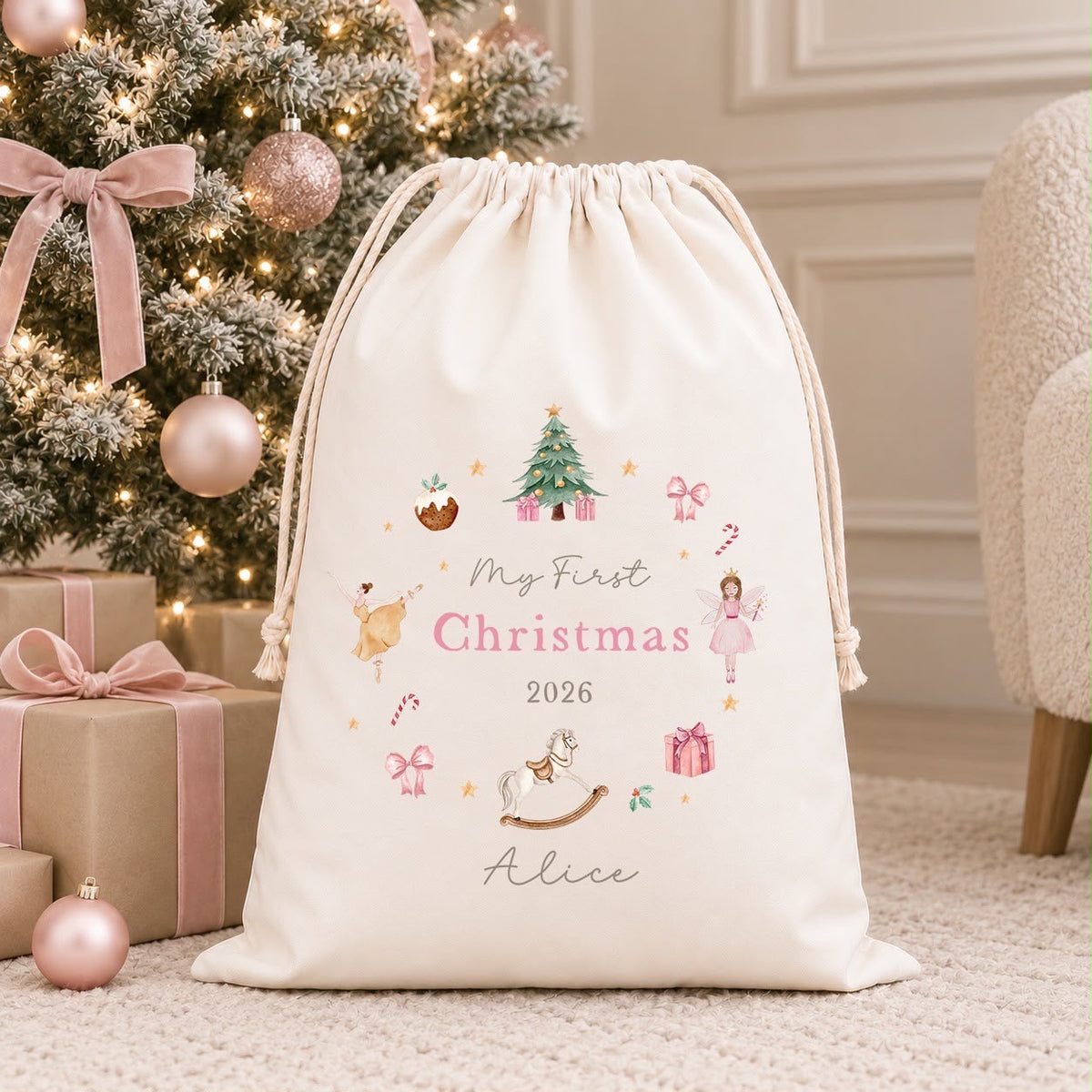 Luxury Personalised Premium Cotton My First Christmas Sack | Personalised Santa Sack | Pink Nutcracker Wreath Design