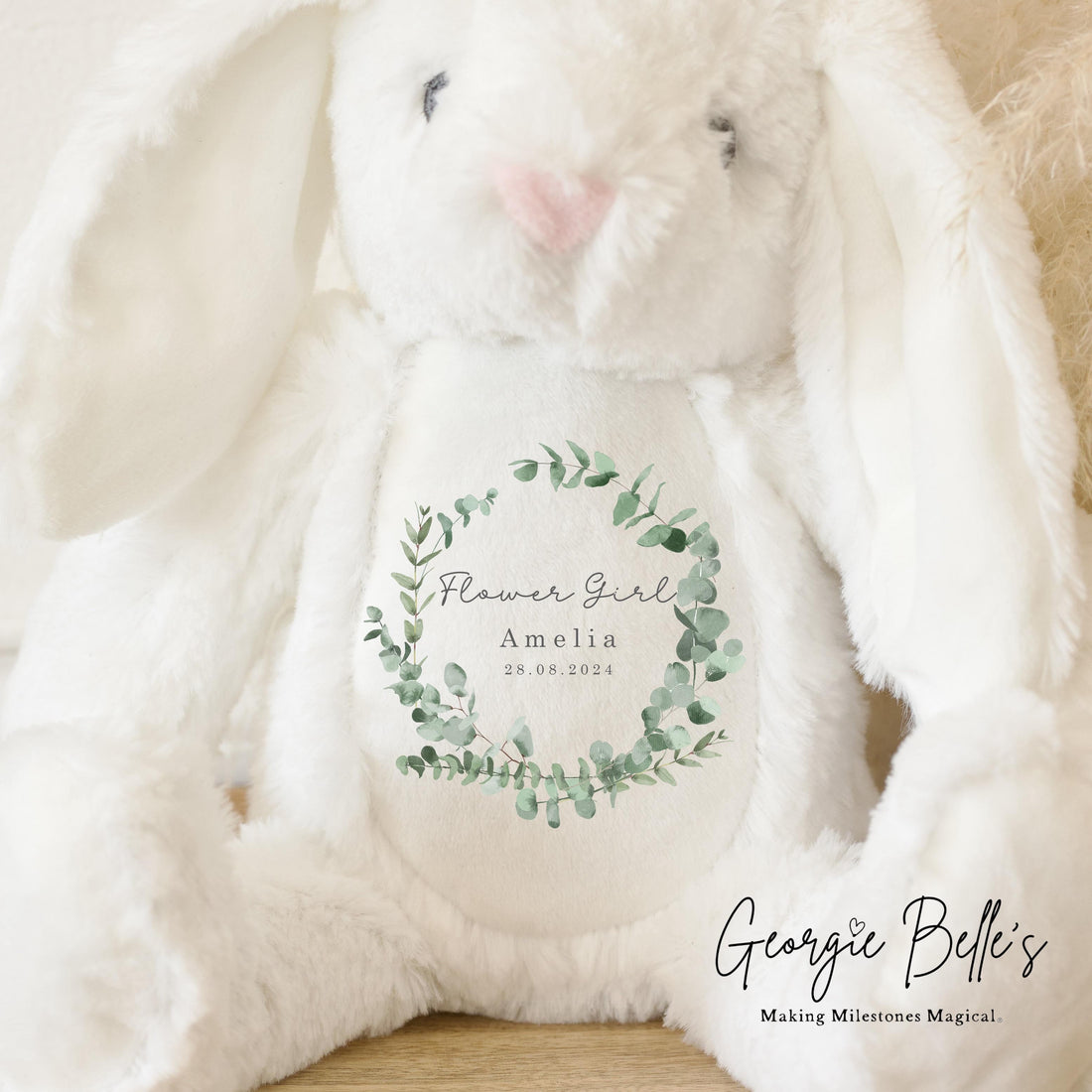 Personalised Flower Girl Bunny - Eucalyptus Wreath Design