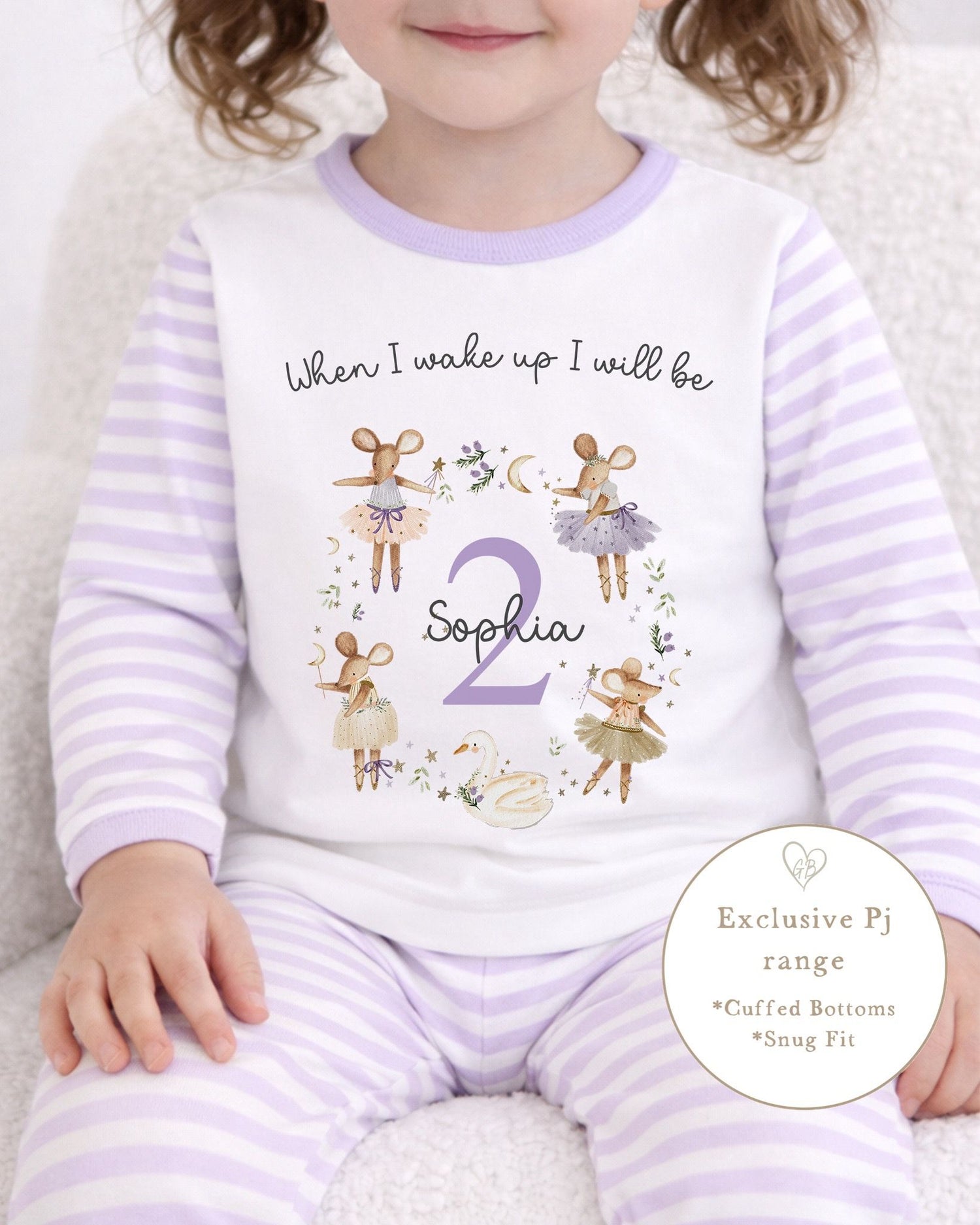 Personalised Lilac Stripe Birthday Pyjamas - Mice Wreath Design