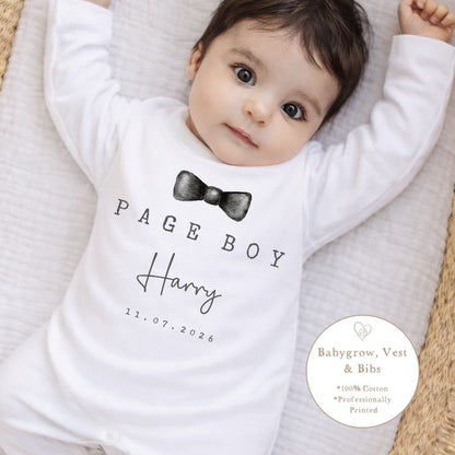 Personalised Page Boy Babygrow / Short Sleeve Vest - Black Bow tie Design