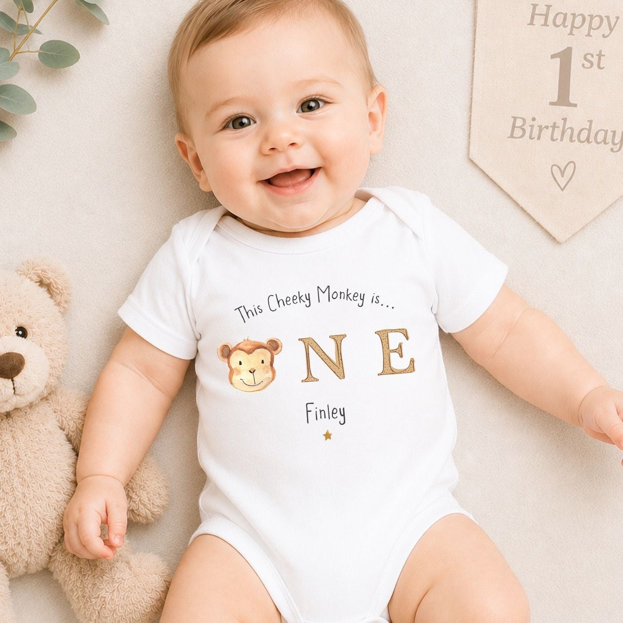 Personalised First Birthday Baby Vest | 1st Birthday Outfit - Monkey Head Design