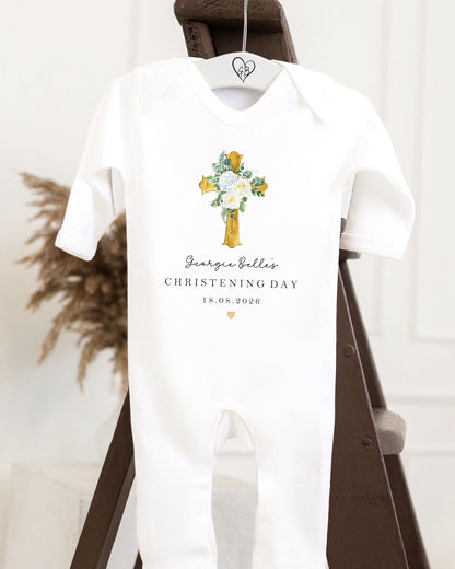 Personalised Christening Babygrow - Gold Cross Design
