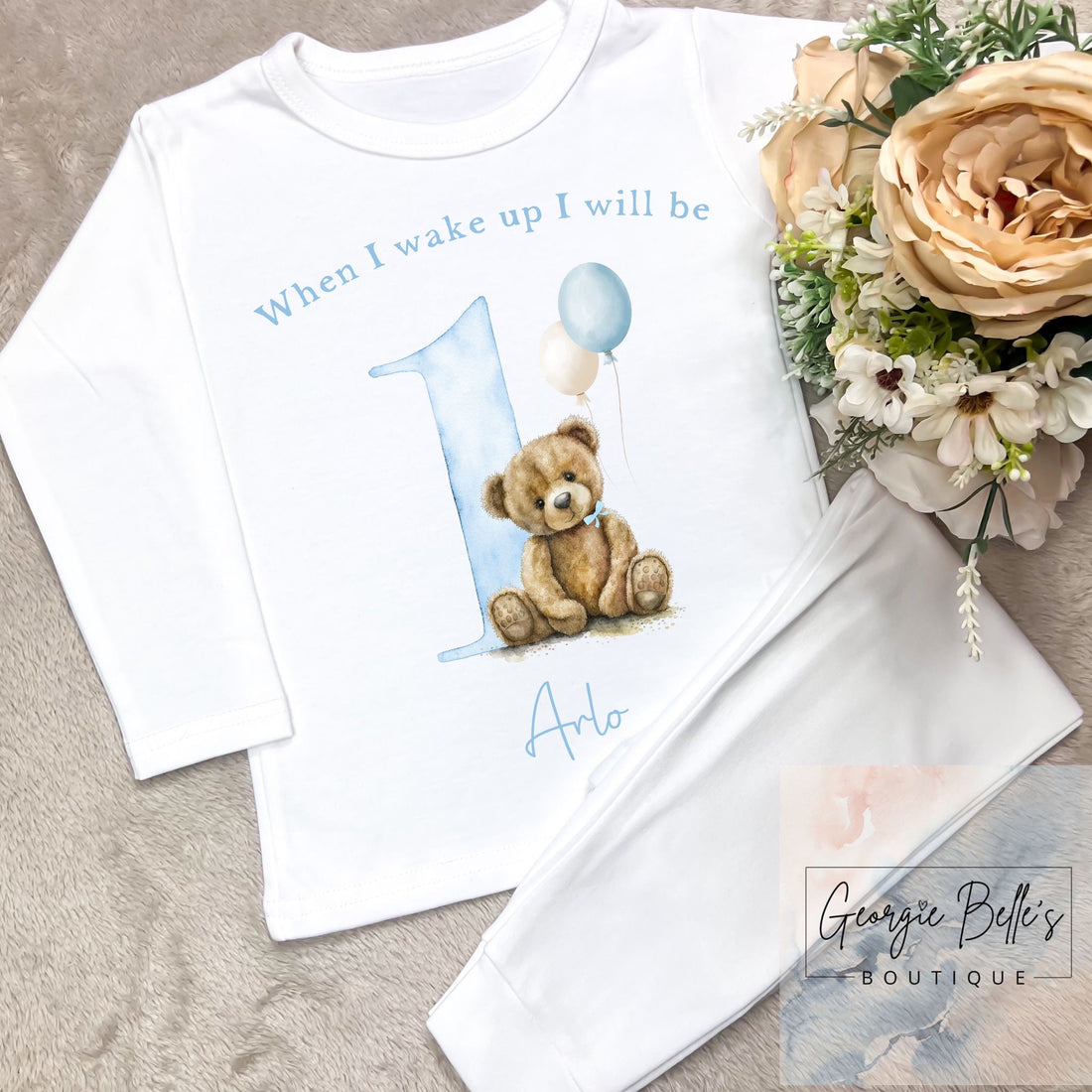 Personalised Birthday Pyjamas - When I wake up blue Bear Design