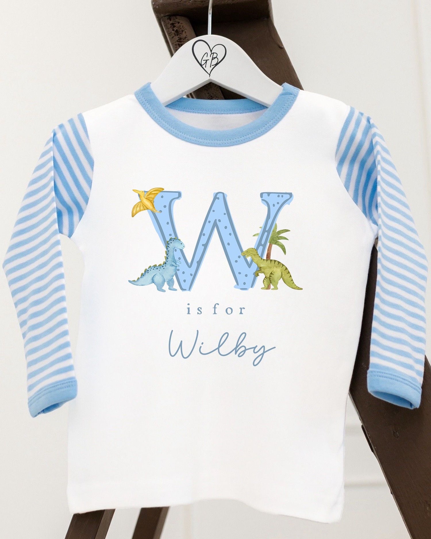 Personalised Boys Gifting Pyjamas Blue Stripe - Dinosaur Initial Design