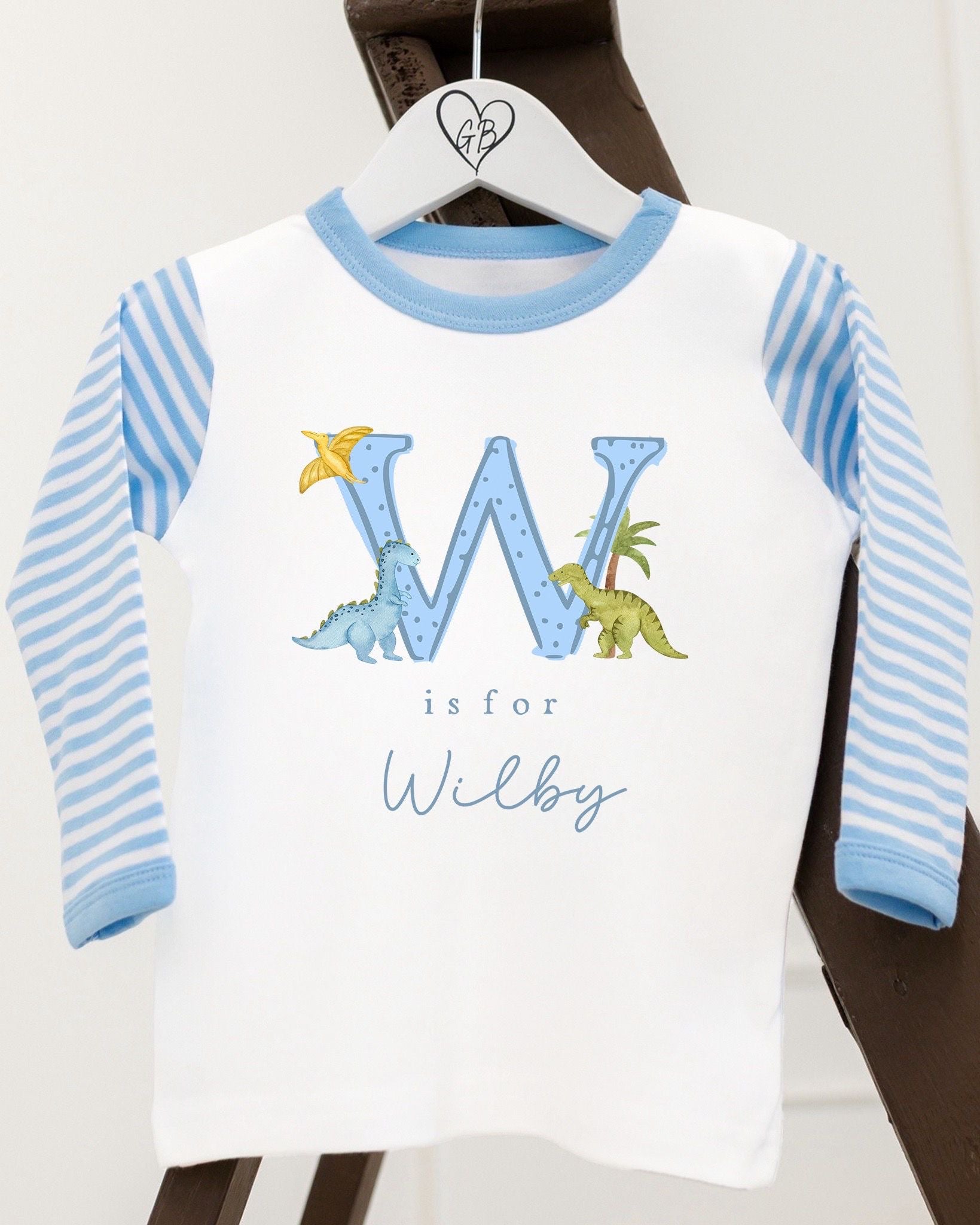 Personalised Boys Gifting Pyjamas Blue Stripe - Dinosaur Initial Design