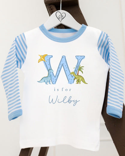 Personalised Boys Gifting Pyjamas Blue Stripe - Dinosaur Initial Design