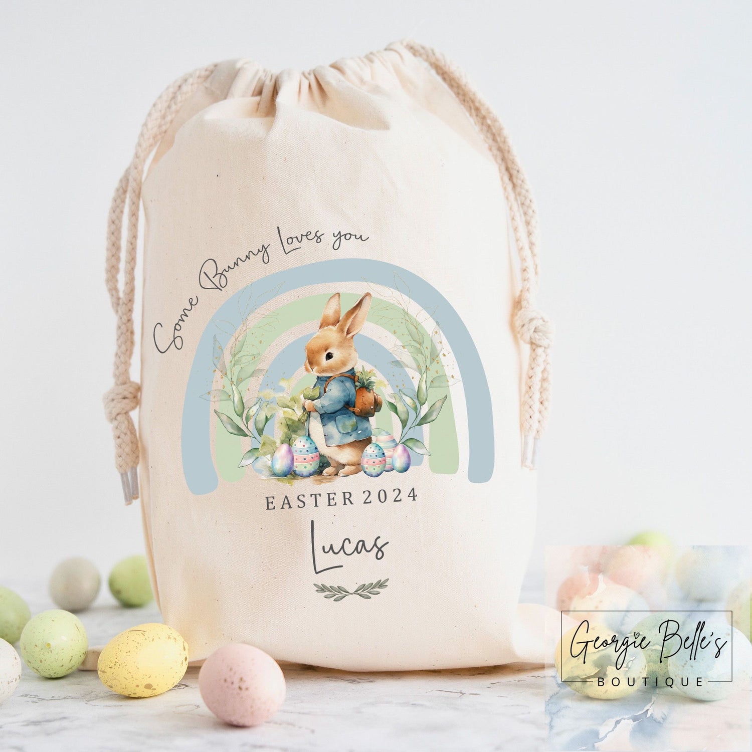 Personalised Easter Treat Sack - Blue Some Bunny Design
